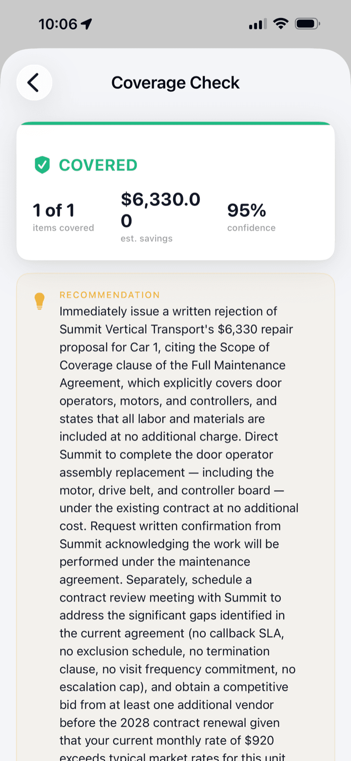 Coverage check result on iPhone showing a callout finding with verdict and dollar example.